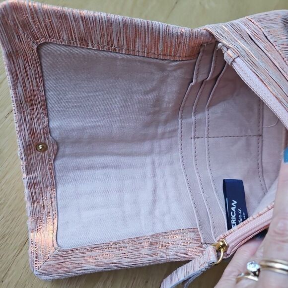 American Leather Bifold Wallet Metallic Rose Gold, Woven detail, EUC - Picture 9 of 12